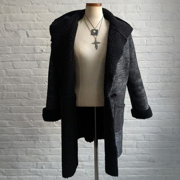 Vintage Black Leather Shearling Coat Afghan Fur Minimalist Chic Luxury Jacket - Picture 3 of 11